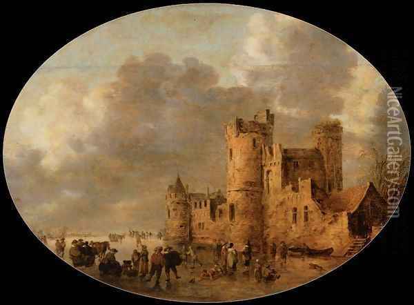 Skaters in front of a Medieval Castle Oil Painting - Jan van Goyen