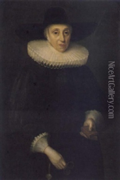 Portrait Of A Lady (miss Eddowes?) In A Black Dress With A Lace Ruff And Cuffs, Holding A Pair Of Glasses And A Book Oil Painting - Cornelis Jonson Van Ceulen