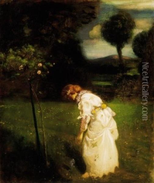 Spring (white - Dressed Woman In Flowery Garden) Oil Painting - Bela Ivanyi Grunwald