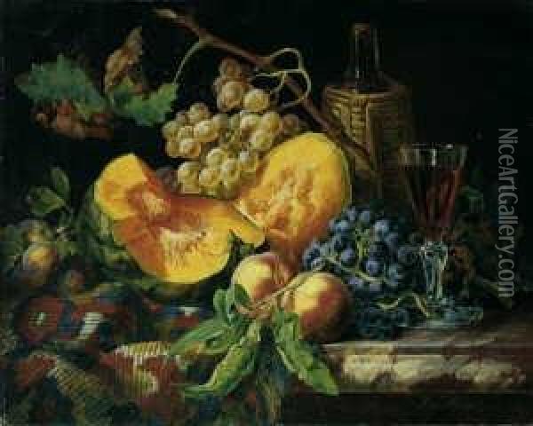 Fruchtestilleben Mit Melone, Teppich Und Rotweinpokal. Oil Painting - Josef Lauer