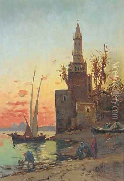 Sunset on the Nile, the Pyramids beyond Oil Painting - Hermann David Salomon Corrodi