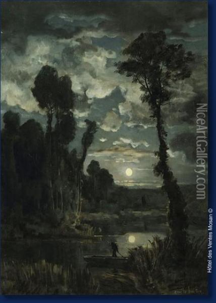 Marais Au Clair De Lune Oil Painting - Emile Breton