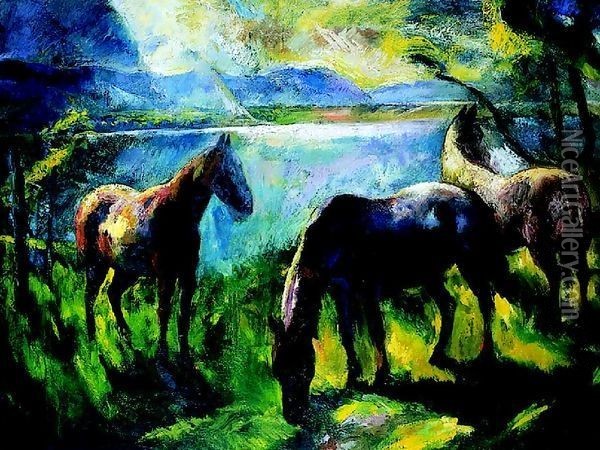 Horses in the Yard 1926 Oil Painting - Istvan Desi-Huber