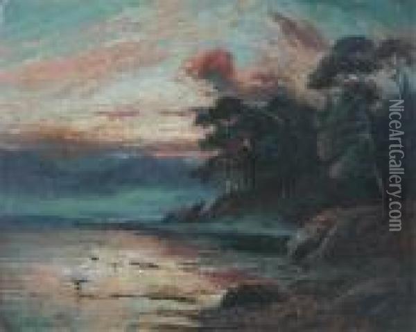 Evening Coastal Scene Oil Painting - Clarence Roe