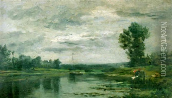 Washerwomen On A Riverbank Oil Painting - Charles Francois Daubigny