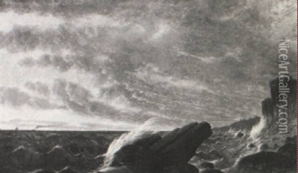 Rocky Coastal Seascape Oil Painting - Joseph Rusling Meeker