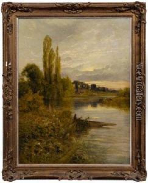 Fisherman In Boat At The Edge Of A River Oil Painting - Harry Pennell