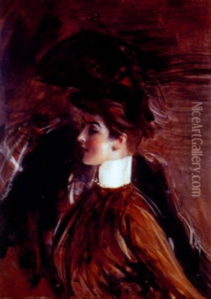 Portrait De Femme Au Col Blanc Oil Painting - Giovanni Boldini