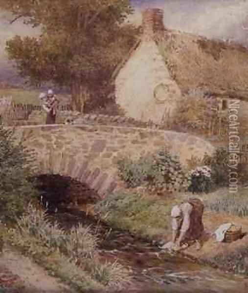 Woman Washing Clothes in a Stream Oil Painting - Myles Birket Foster