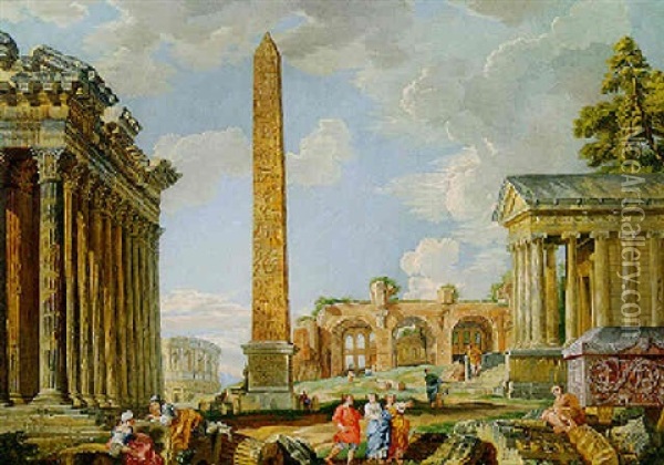 Capriccio Of Classical Ruins With An Obelisk And The Temples Of Hadrian And Fortuna Virile Oil Painting - Giovanni Paolo Panini