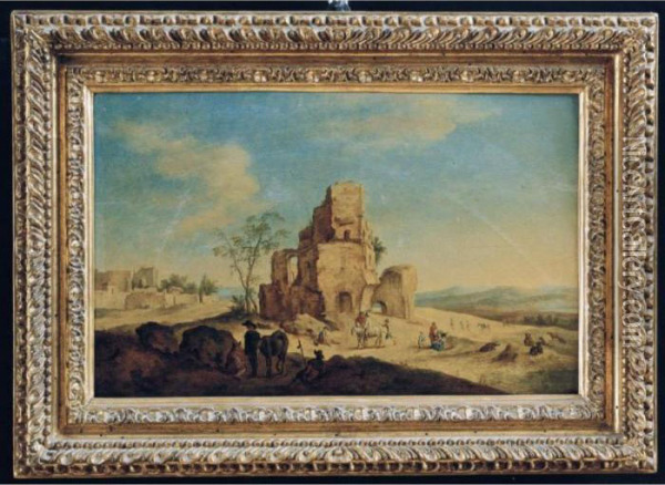 Paesaggi Con Rovine Romane, Pastori, Armenti E Viandanti Oil Painting - Hendrik Frans Van Lint