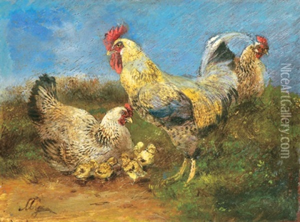 Chicken Run Oil Painting - Geza Meszoely