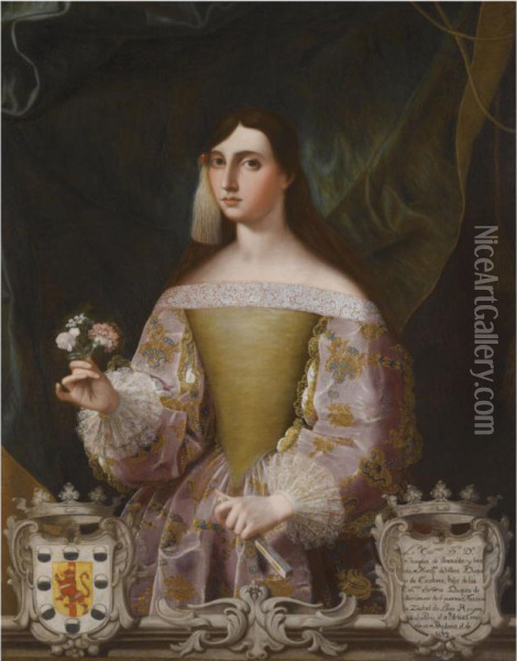 Portrait Of Dona Josefa De Benavides, Marquesa De Villena Y Duquesade Escalona (1662-1725), Holding A Small Bunch Of Flowers And Afan Oil Painting - Miguel Alonso De Tovar