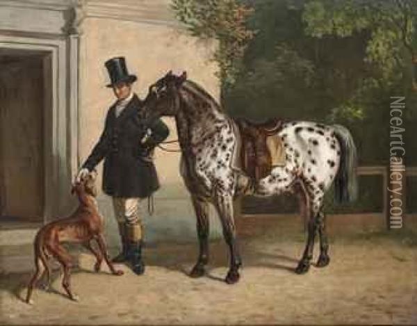 A Huntsman With His Dog And A Piebald Pony Oil Painting - H.F. Lang