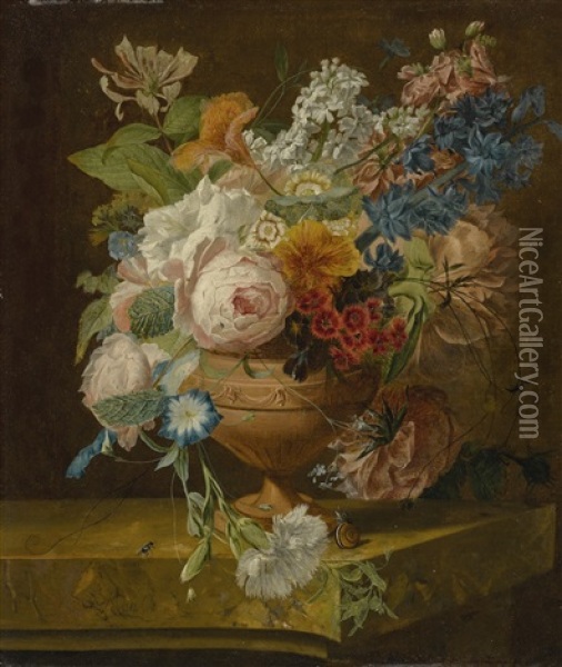 A Still Life Of Roses, Peonies, Morning Glories, A Carnation, And Other Flowers, In A Decorative Vase, On A Ledge, With A Fly And A Snail Oil Painting - Wybrand Hendriks