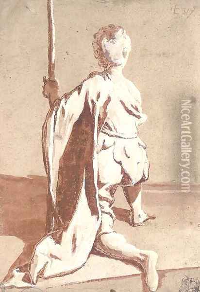 A kneeling young man seen from behind, holding a staff Oil Painting - Sigismondo Caula