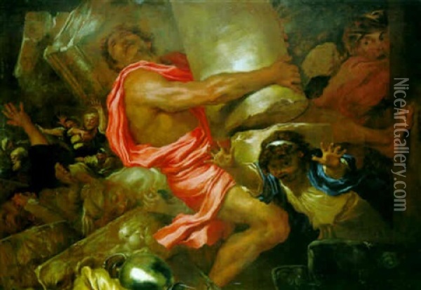 Samson Destroying The Temple Of The Philistines Oil Painting - Giovanni Benedetto Castiglione