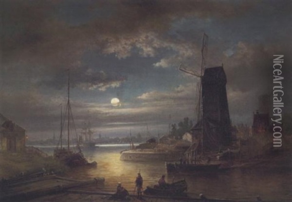 Mondnacht Uber Einer Hafeneinfahrt Oil Painting - Elias Pieter van Bommel