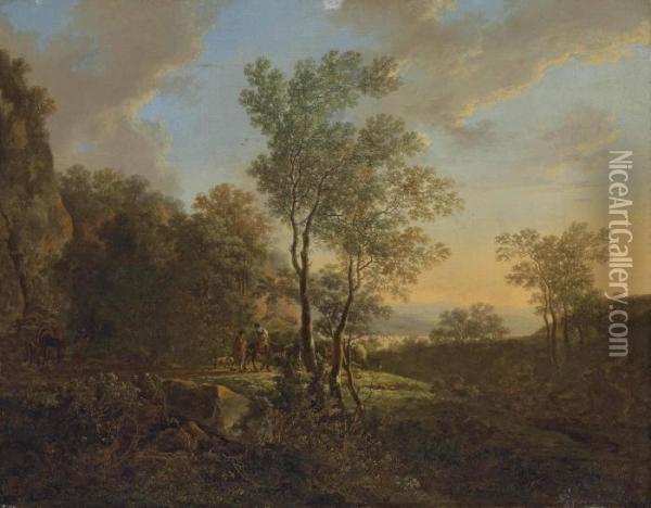 An Italianate Wooded Landscape With Travellers On A Path Oil Painting - Jan Both