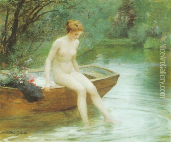 A Lady Bathing Oil Painting - Victor Gabriel Gilbert