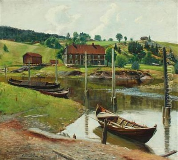 Scene With Mooring From Lillestrom, Norway Oil Painting - Jens Waldemar Wang