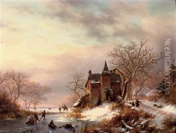 Sunset Over A Snow-covered Landscape Oil Painting - Frederik Marinus Kruseman