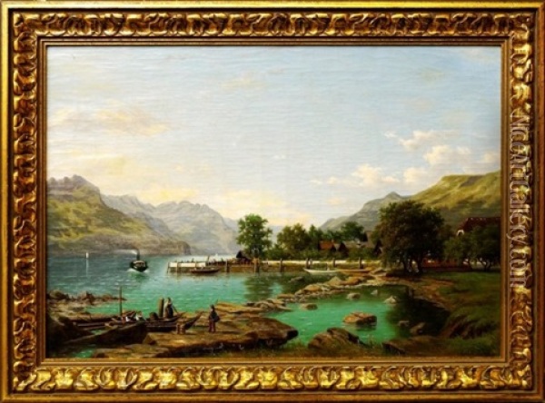 Landscape With Mountains By A Lake Oil Painting - Eliza Agnetus Emilius Nyhoff
