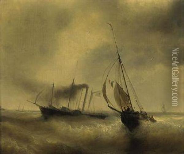 A Paddle Steamer Passing A French Fishing Vessel In Rough Waters Oil Painting - Jean Antoine Theodore Baron Gudin