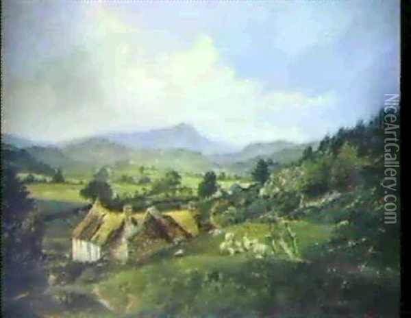 Weite Englische Hugellandschaft Mit Bauernhof Und Schafen Oil Painting - Edward Henry Holder