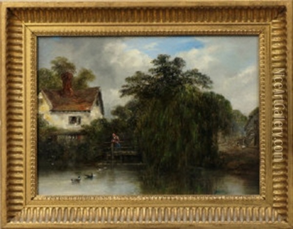 Figure On A Bridge With A Cottage In A Wooded River Landscape; Two Figures On The Shores Of A Lake With Mountains Beyond (pair) Oil Painting - Robert Burrows