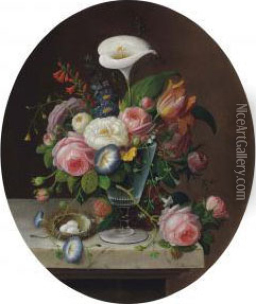 Flowers In A Crystal Vase Oil Painting - Severin Roesen