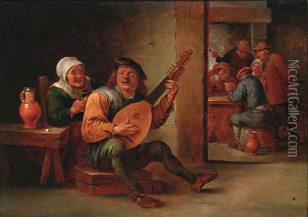 A boor playing a lute in an interior with a woman drinking at his side, peasants playing cards beyond Oil Painting - David The Younger Teniers