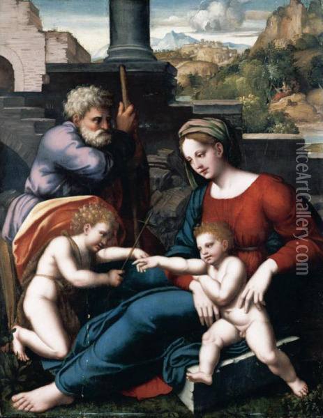 The Holy Family With The Infant Saint John, A Landscape With Saint Jerome Beyond Oil Painting - da Imola (Francucci)