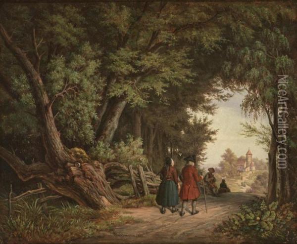 Romantischer Waldweg Mit Figurenstaffage Und Durchblick Auf Kirchlein Oil Painting - Heinrich Stuhlmann
