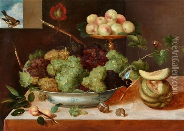 Still Life With Grapes In A Porcelain Dish, Peaches, Melons, And Snails Oil Painting - Pieter Binoit