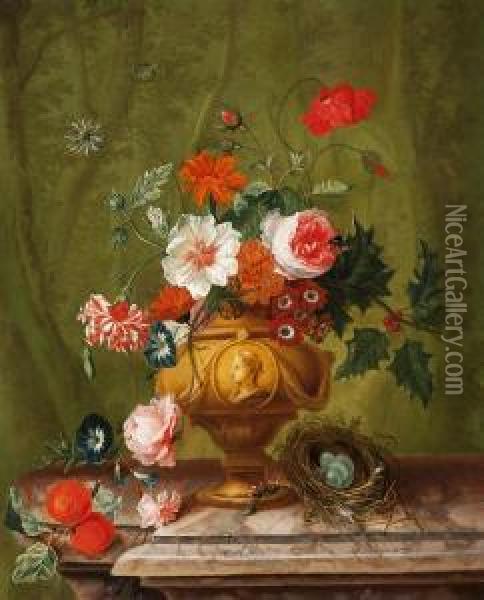 Still Life Of Flowers With Bird'snest Oil Painting - Abraham Teixeira De Mattos