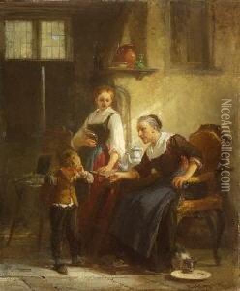 Der Kleine Ubeltater Wird Von
 Seiner Grosmutter Bestraft. Oil Painting - Henri Louis Ludwig