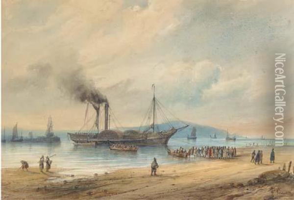 Passengers Disembarking On The Foreshore From An Anchoredpaddlesteamer; And Running Into Port In A Heavy Swell Oil Painting - Ferdinand Victor Perrot