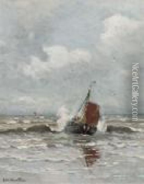 A Bomschuit In The Surf By Katwijk Oil Painting - Gerhard Arij Ludwig Morgenstje Munthe