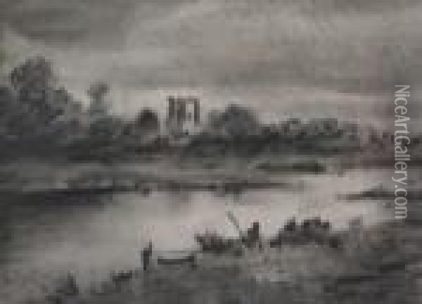 Castle By A Lake Oil Painting - Thomas Monro