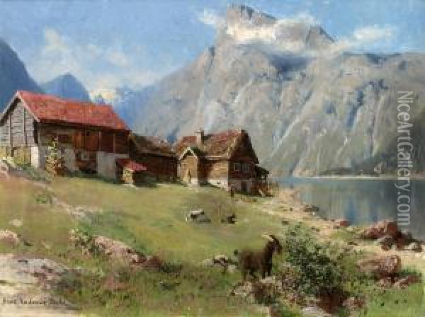 Norskt Fjordlandskap Oil Painting - Hans Dahl