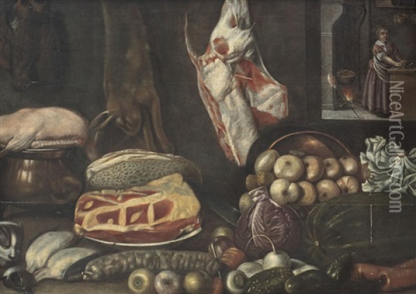 Natura Morta Con Interno Di Cucina E Cuoca Oil Painting - Bartolomeo Arbotoni