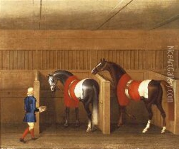 A Stable With Groom Tending Horses Oil Painting - James Seymour