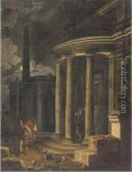 A Capriccio Of Classical Buildings By Moonlight Oil Painting - Viviano Codazzi