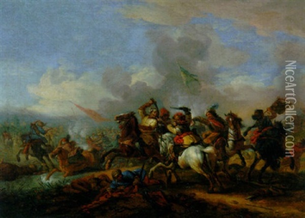 A Cavalry Battle Between Christians And Turks Oil Painting - Jan van Huchtenburg