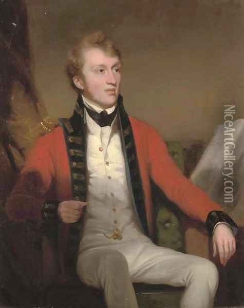Portrait of an officer of the East India Company, small three-quarter-length, in uniform, seated Oil Painting - George Chinnery
