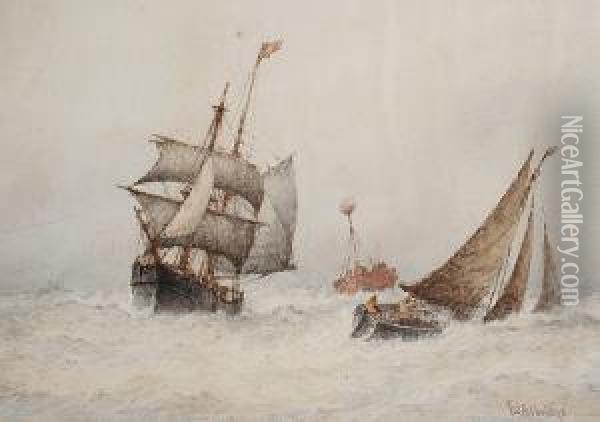 Ships In A Stormy Sea; Boats At Sea, A Pair Oil Painting - Frederick James Aldridge