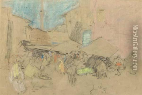 Market In Constantinople - A Study Oil Painting - Marius Bauer