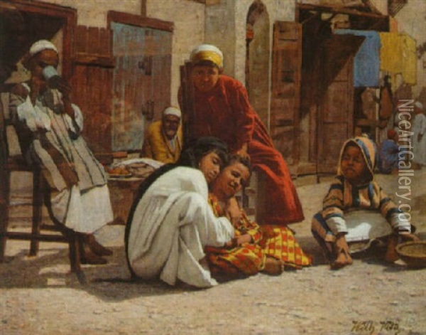 Young Arab Boys In A Market Oil Painting - Wilhelm A. Vita