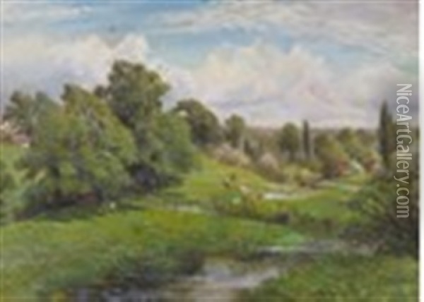 Cattle In A Sunny River Landscape, Fovant, Wiltshire Oil Painting - Charles James Lewis